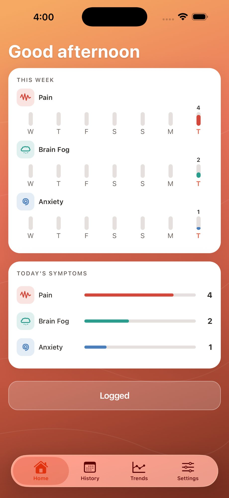 Ebb home screen showing weekly symptom overview and today's ratings