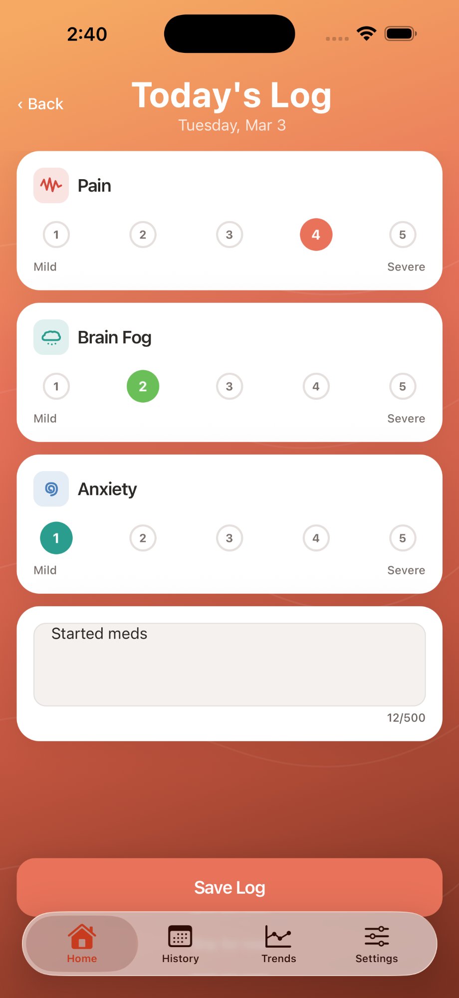 Ebb daily log screen with symptom severity rating